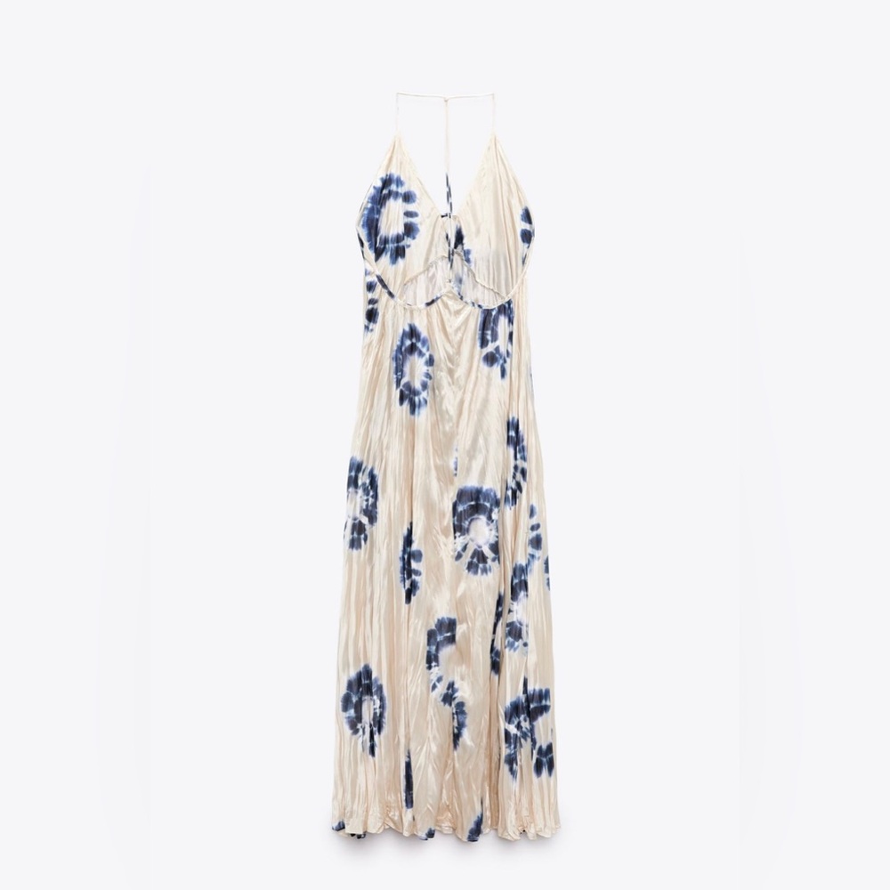 ZARA WRINKLE SATIN EFFECT MAXI LONG DRESS WHITE BLUE NWOT S - Picture 13 of 14